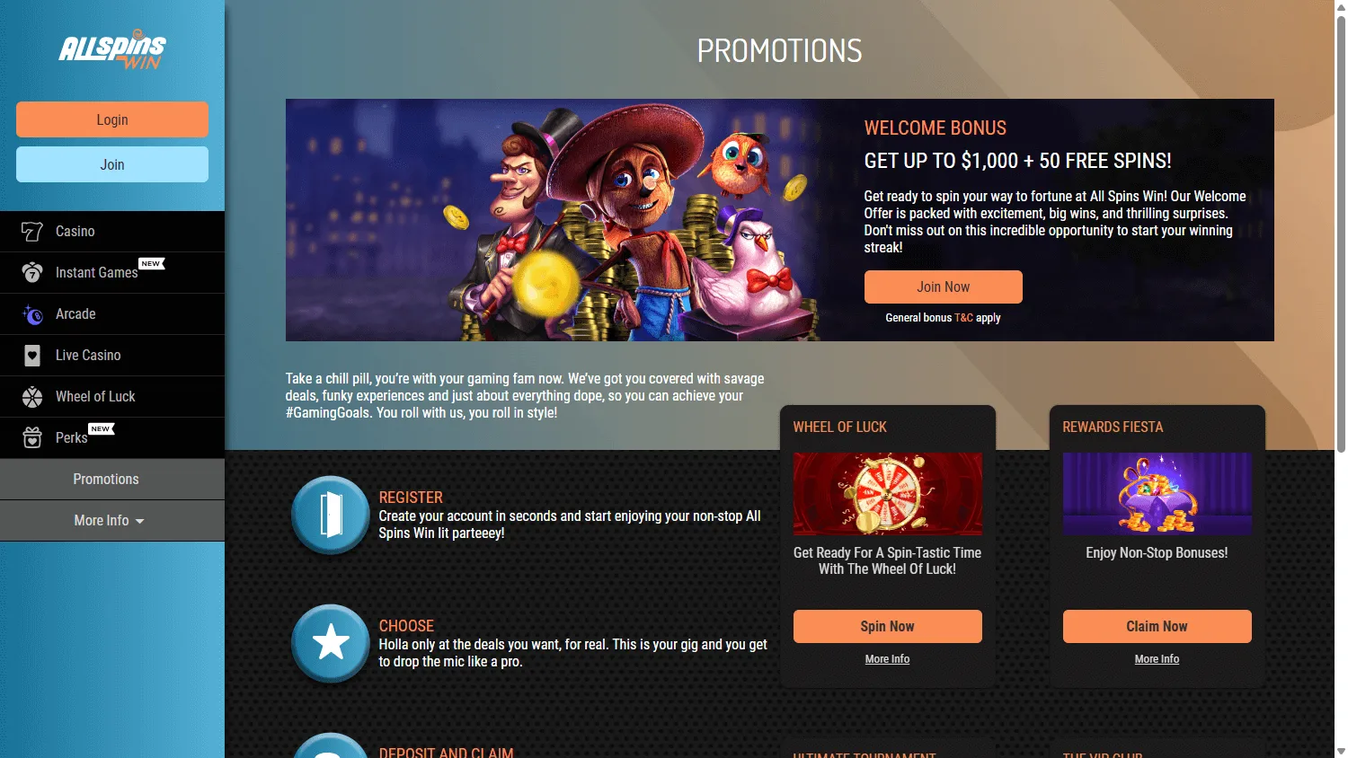 All Spins Win Casino promotions interface on desktop