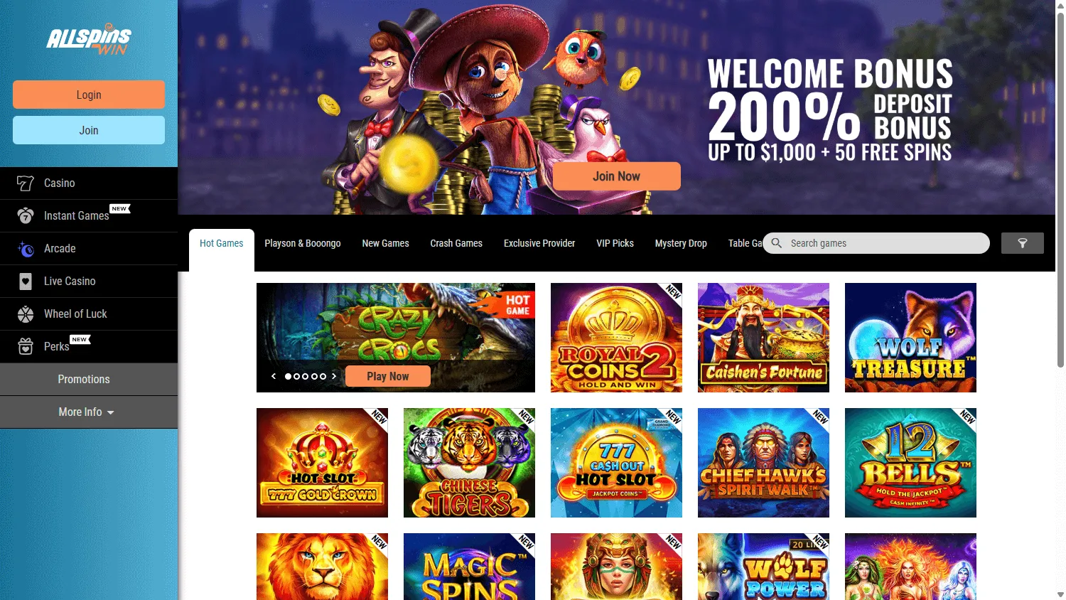 All Spins Win Casino home interface on desktop