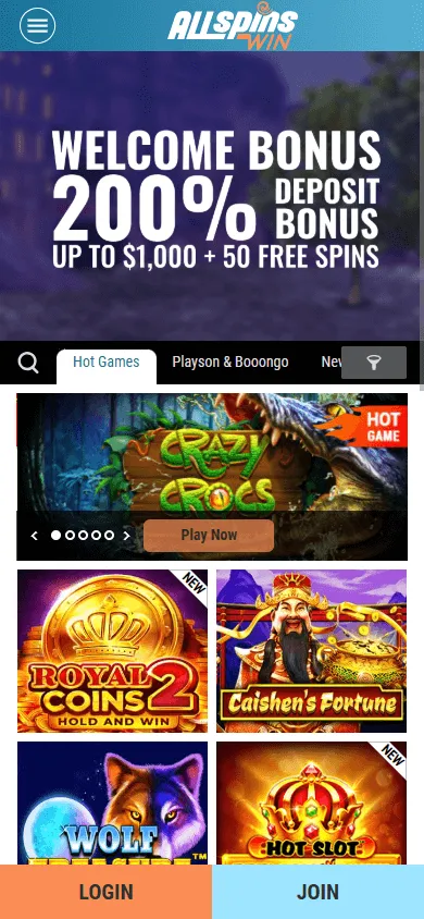 All Spins Win Casino home interface on a mobile browser