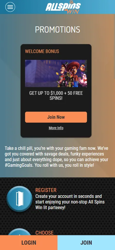 All Spins Win Casino promotions interface on a mobile browser